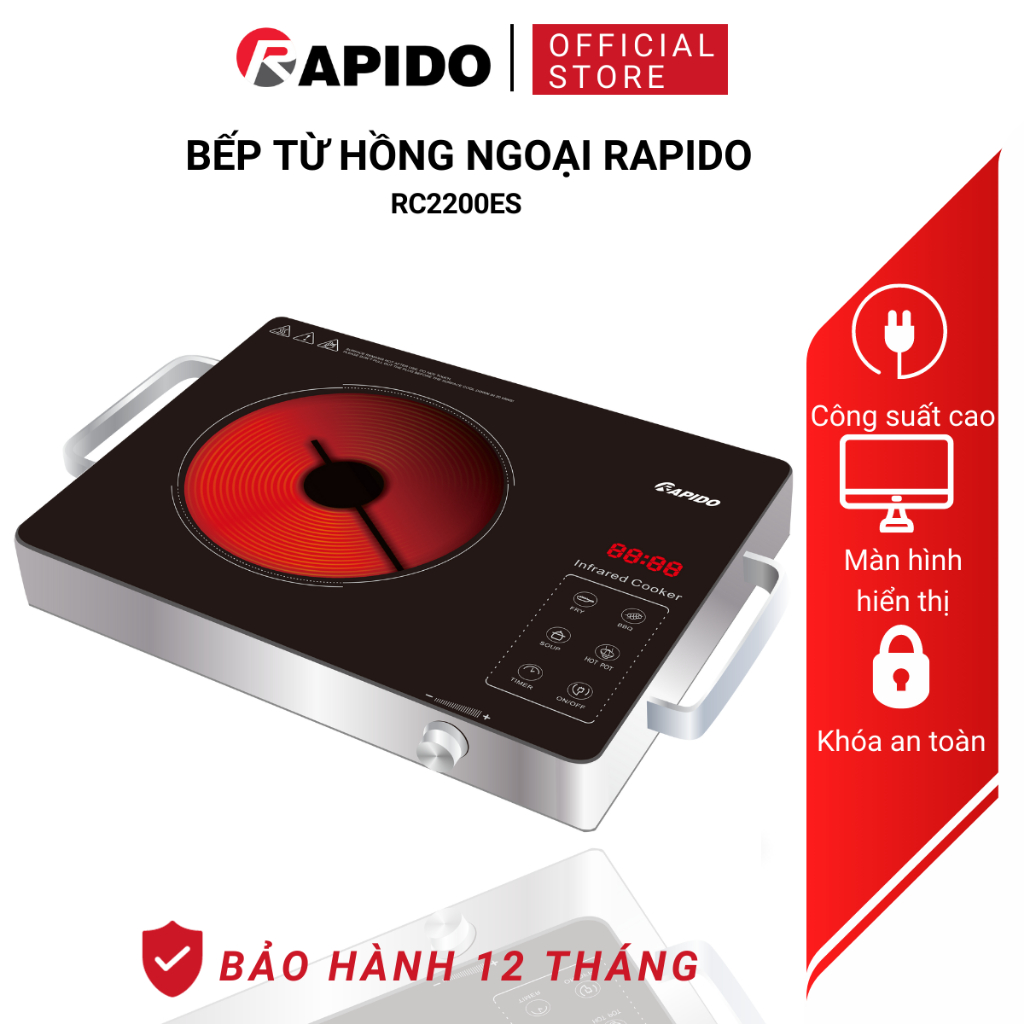 Bếp hồng ngoại đơn Rapido 2200W  điều khiển cảm ứng, nấu nhanh tiết kiệm điện, dùng được mọi loại nồi chảo