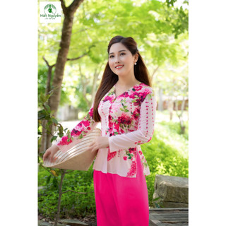 B.a48 - bộ bà ba lụa nhật in bông cổ tim cài nút tay dài - hân nguyễn áo bà ba