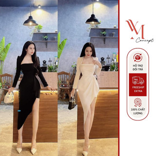 Ym concept đầm body tà xéo tay dài xếp ly - d0646