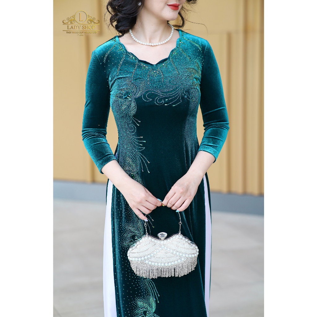 Áo Dài nhung cổ hoa kết đá hoa sen Ladyshop thời trang trung niên cao cấp T301