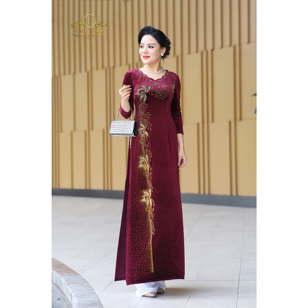 Áo Dài nhung cổ hoa kết đá hoa sen Ladyshop thời trang trung niên cao cấp T301