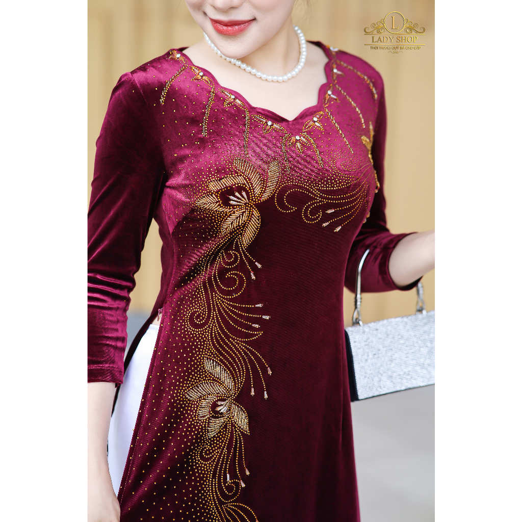 Áo Dài nhung cổ hoa kết đá hoa sen Ladyshop thời trang trung niên cao cấp T301
