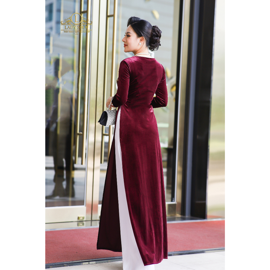 Áo Dài nhung cổ hoa kết đá hoa sen Ladyshop thời trang trung niên cao cấp T301