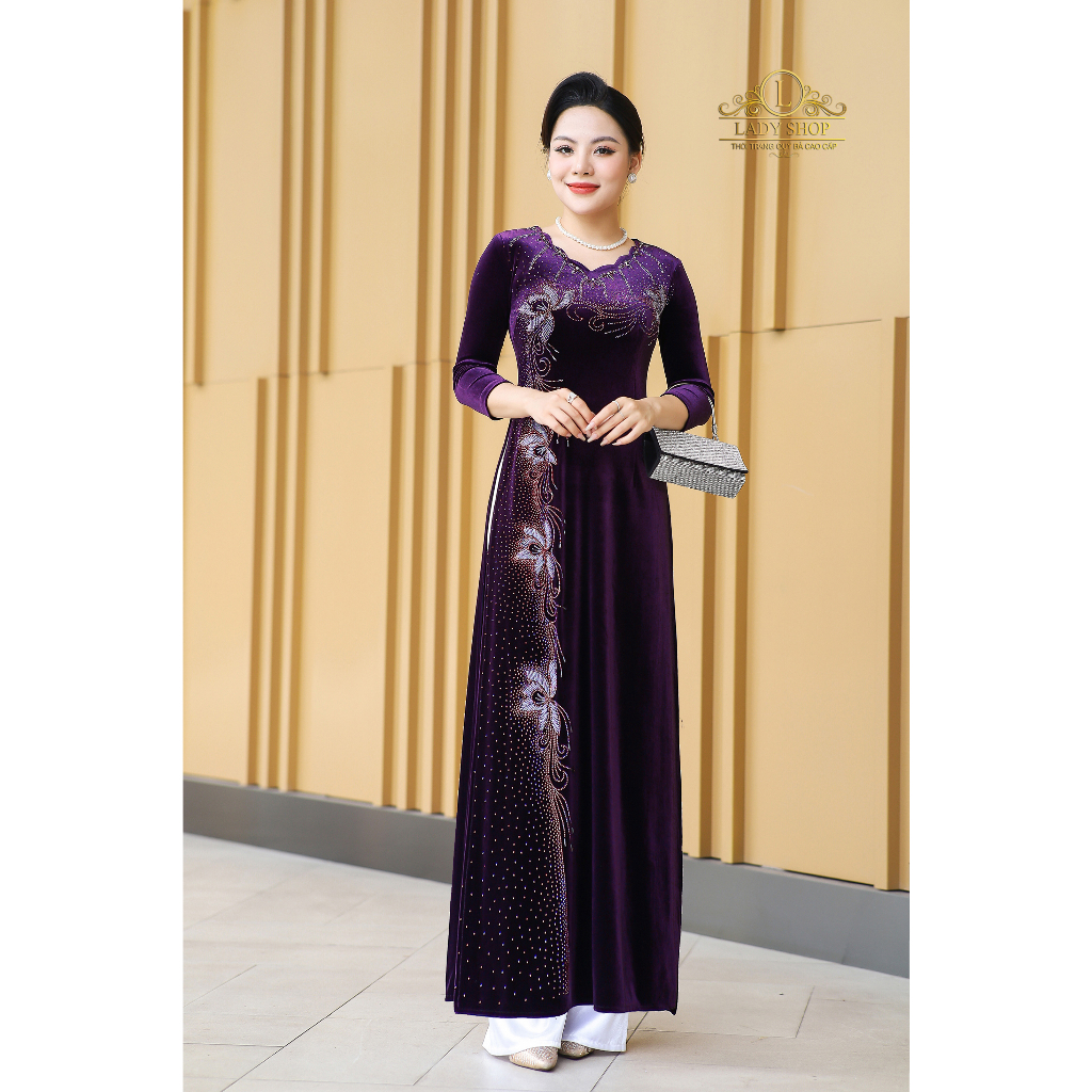 Áo Dài nhung cổ hoa kết đá hoa sen Ladyshop thời trang trung niên cao cấp T301