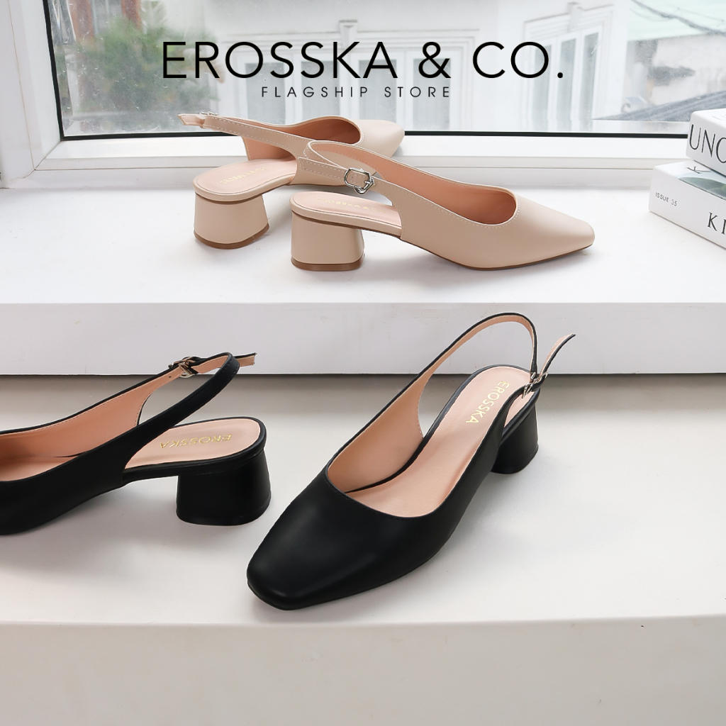 Giày cao gót slingback Erosska mũi vuông kiểu dáng basic gót vuông vững chắc màu đen _ EL013