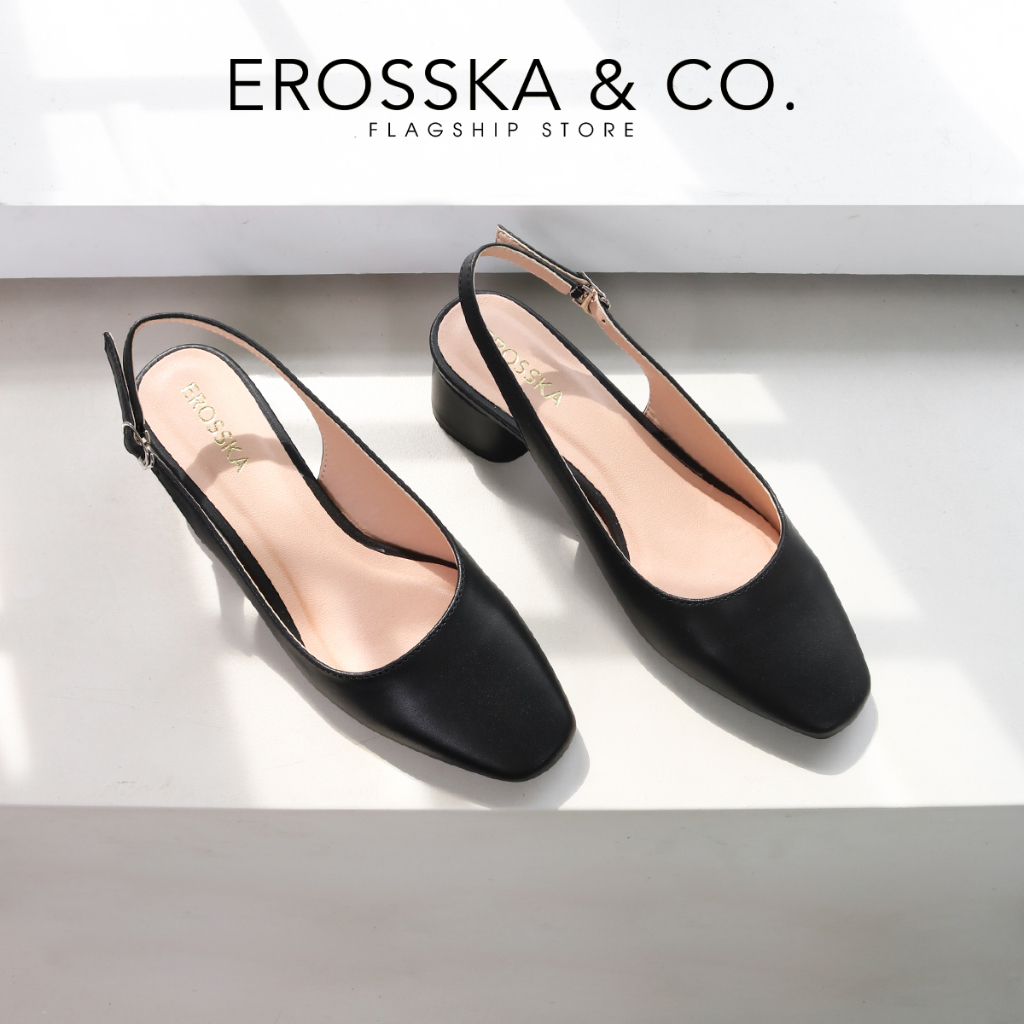 Giày cao gót slingback Erosska mũi vuông kiểu dáng basic gót vuông vững chắc màu đen _ EL013