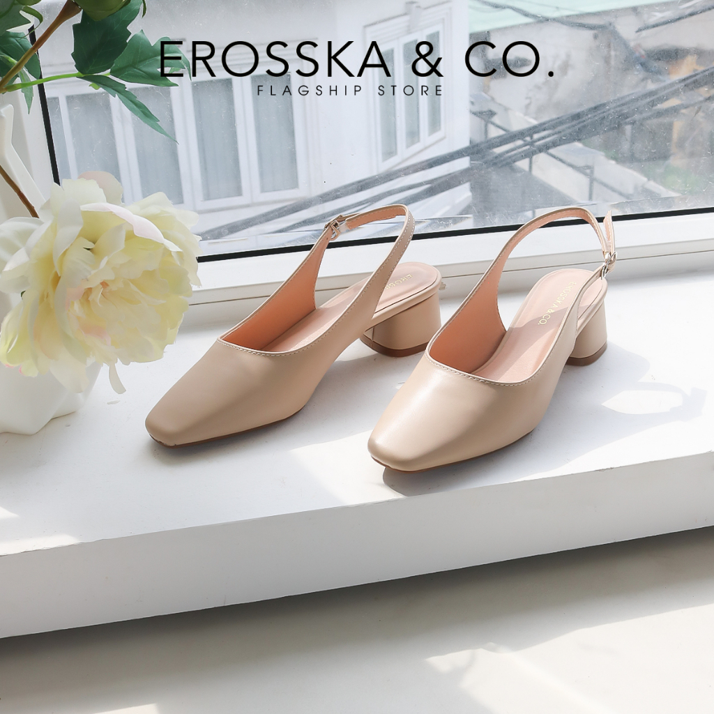 Giày cao gót slingback Erosska mũi vuông kiểu dáng basic gót vuông vững chắc màu đen _ EL013