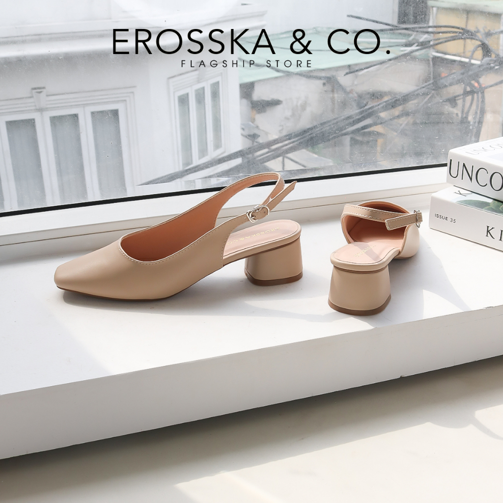 Giày cao gót slingback Erosska mũi vuông kiểu dáng basic gót vuông vững chắc màu đen _ EL013