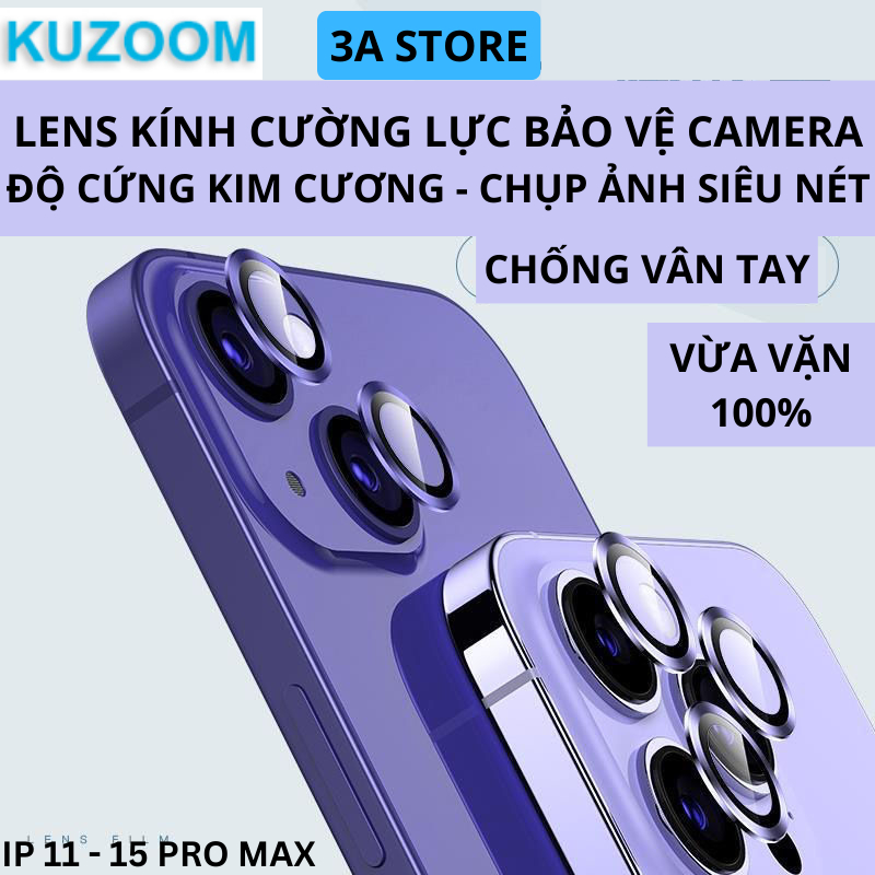 Kính cường lực iphone bảo vệ camera KUZOOM PVD 2 tầng 3D lens 11 12 13 14 15 pro max plus ốp lưng 3astore