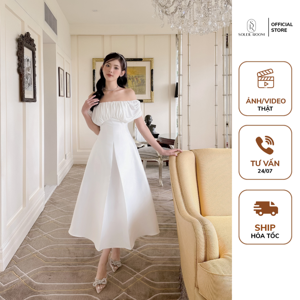 Váy Trễ Vai Trắng SOLEIL ROOM Thiết Kế Nhúm Ngực Uyển Chuyển Nhẹ Nhàng CHIE DRESS