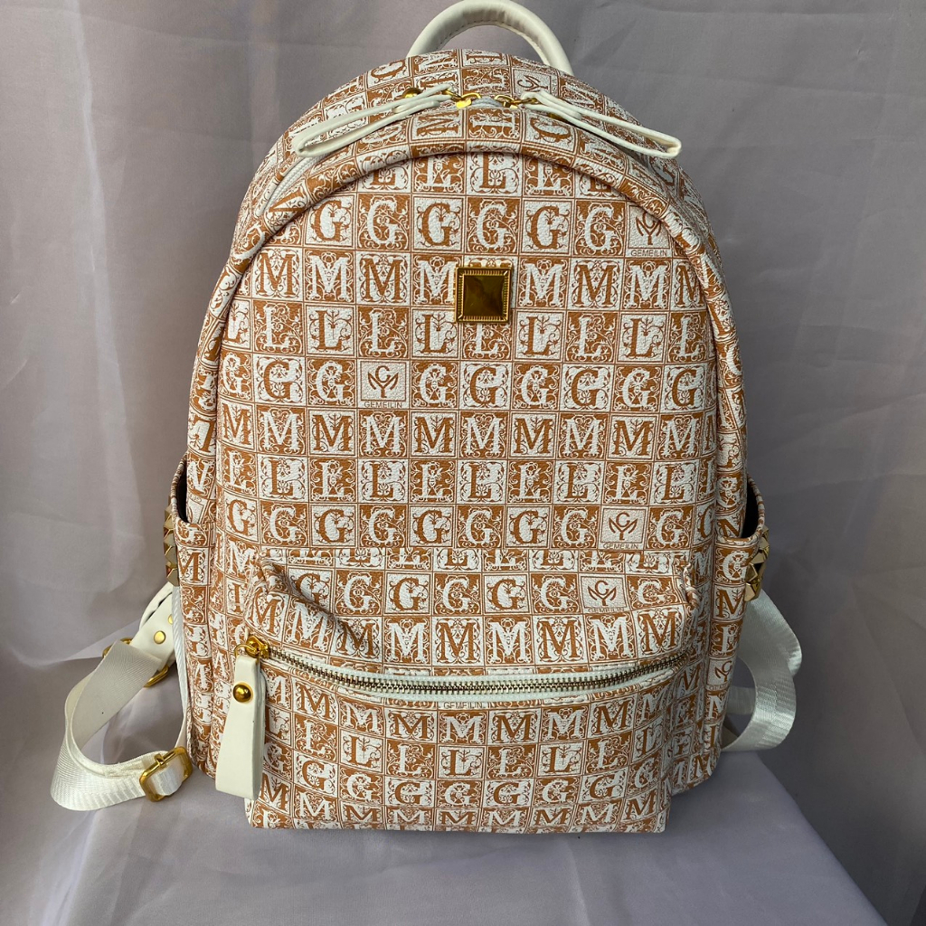 Balo da nam nữ hoạ tiết chữ GML da cao cấp kèm cún treo size đại.