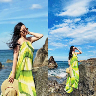 Đầm váy loang vàng xanh dập li maxi dài yếm hở lưng có mút thời trang nữ hotgirl thiết kế đi biển du lịch party sự kiện