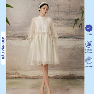 Đầm váy bầu dự tiệc babydoll dài tay phối bèo tiểu thư chất tơ nhũ 2 lớp cao cấp - đầm bầu công sở xinh freesize