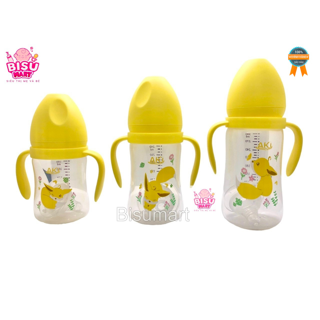 Bình Sữa Cổ Rộng PP AKI 180ml - 240ml - 300ml (tặng kèm núm vú cổ rộng)