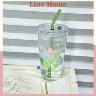 Cốc thuỷ tinh 480ml uống nước có nắp và ống hút ly hình hoa tulip cute giá rẻ LinaHome