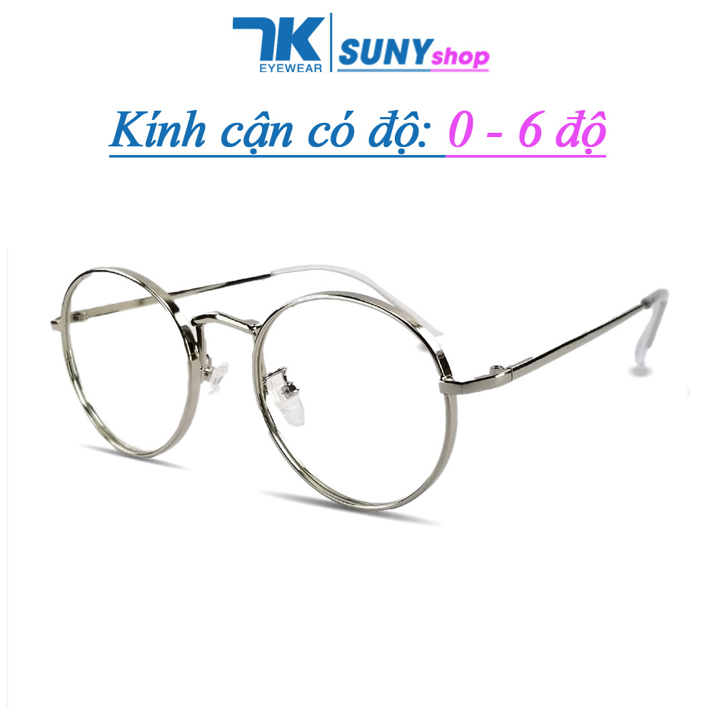 Kính cận có độ 0 - 6 độ nam nữ mắt tròn, gọng kim loại 7K3019. Tròng giả cận 0 độ chống ánh sáng xanh, chống tia UV