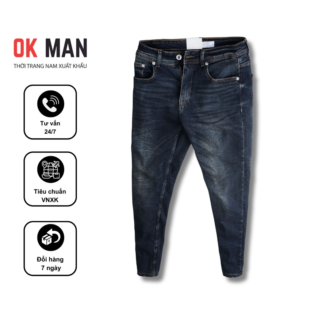 Quần jean nam OKMAN form slimfit thời trang gãy màu xanh đen, co giãn tốt 22568