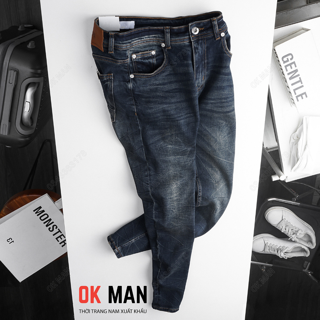 Quần jean nam OKMAN form slimfit thời trang gãy màu xanh đen, co giãn tốt 22568