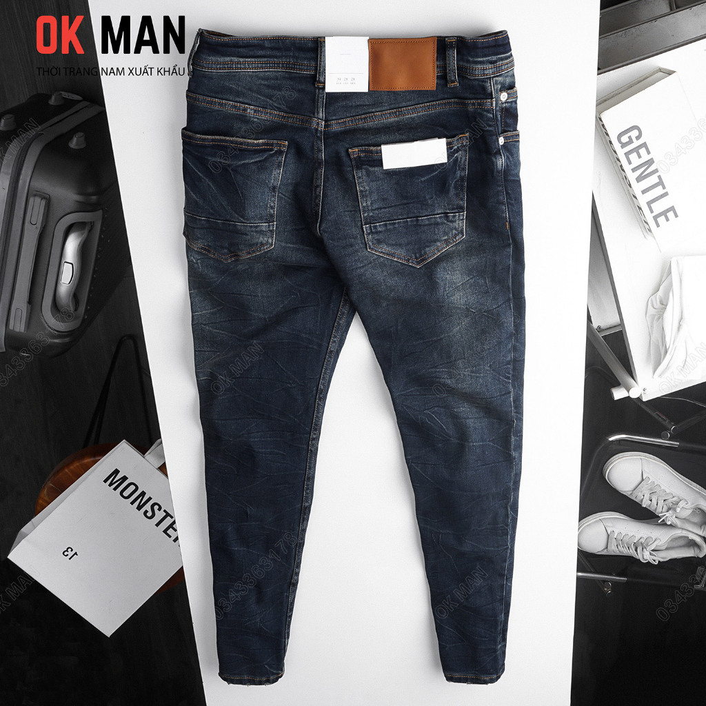 Quần jean nam OKMAN form slimfit thời trang gãy màu xanh đen, co giãn tốt 22568