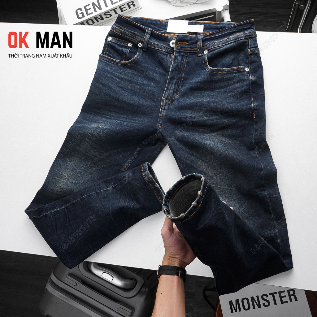 Quần jean nam OKMAN form slimfit thời trang gãy màu xanh đen, co giãn tốt 22568