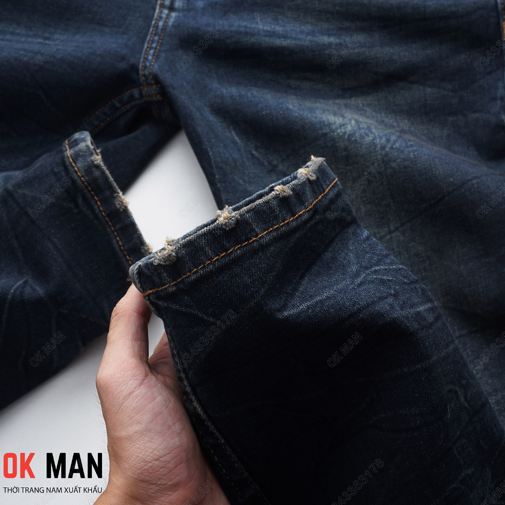 Quần jean nam OKMAN form slimfit thời trang gãy màu xanh đen, co giãn tốt 22568