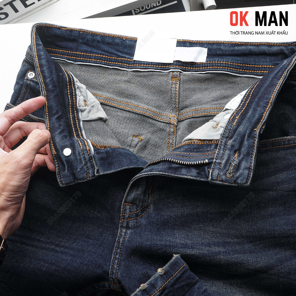 Quần jean nam OKMAN form slimfit thời trang gãy màu xanh đen, co giãn tốt 22568