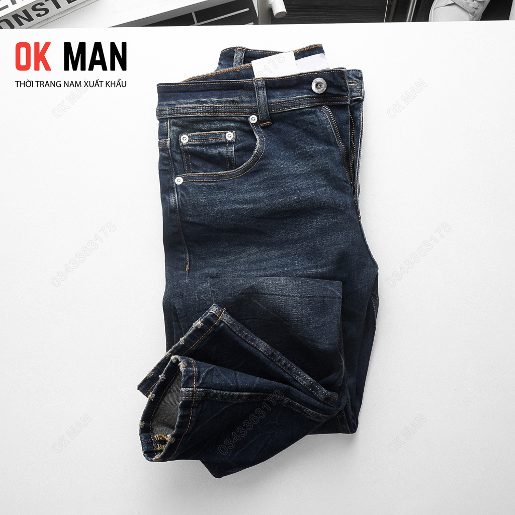 Quần jean nam OKMAN form slimfit thời trang gãy màu xanh đen, co giãn tốt 22568