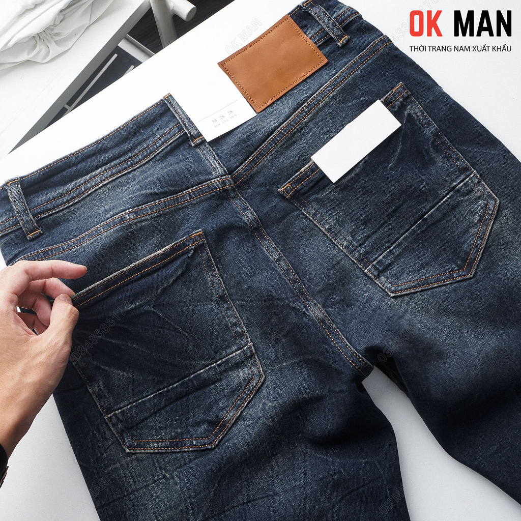 Quần jean nam OKMAN form slimfit thời trang gãy màu xanh đen, co giãn tốt 22568