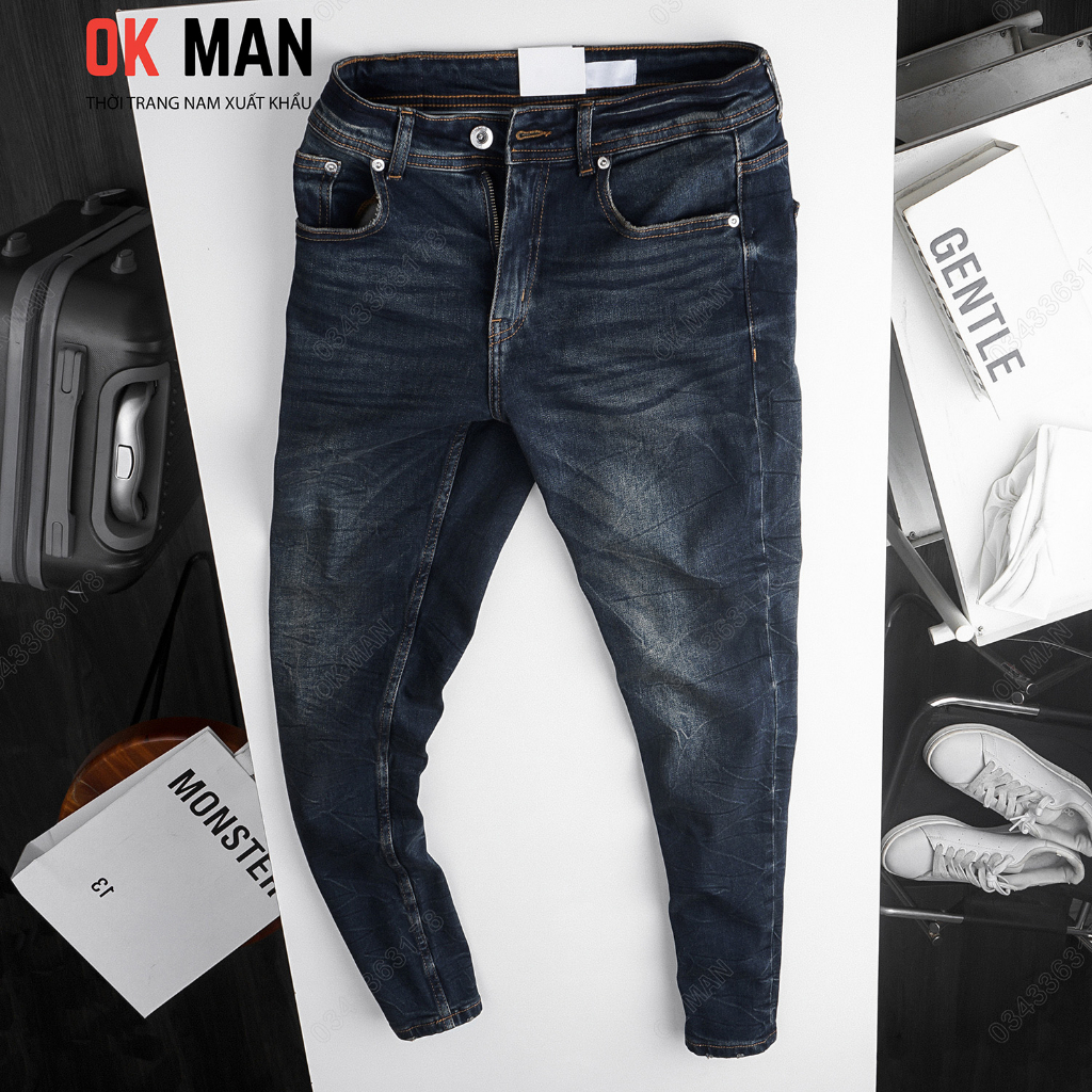 Quần jean nam OKMAN form slimfit thời trang gãy màu xanh đen, co giãn tốt 22568