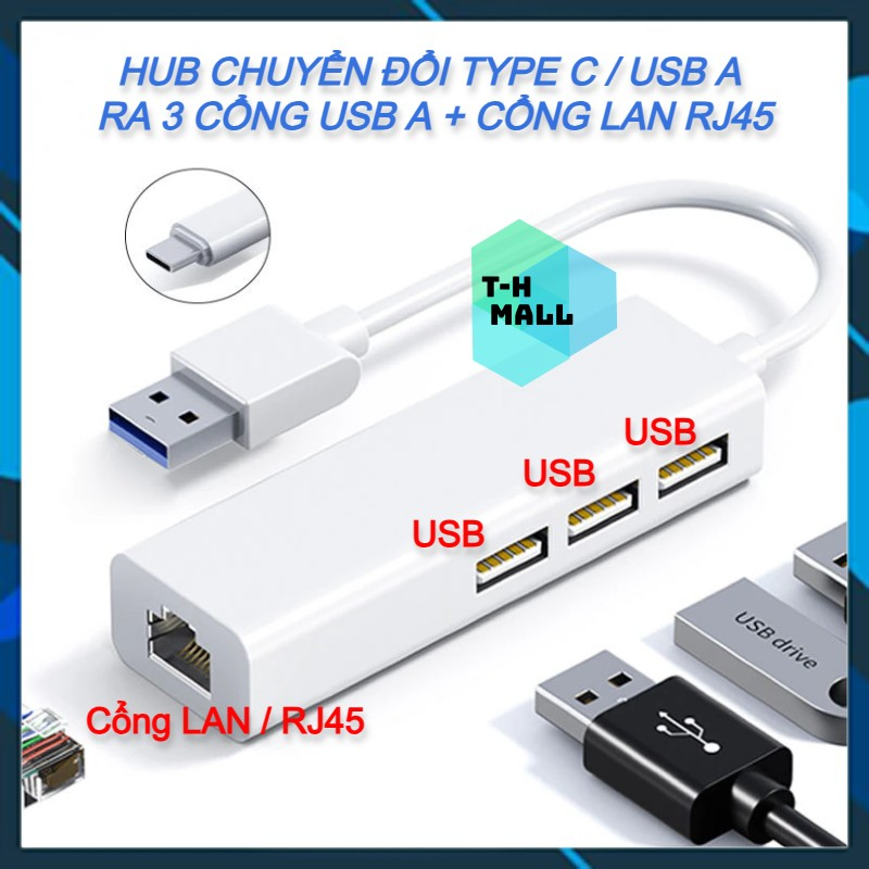 Bộ Chuyển Đổi Hub 4 Trong 1 Loại Type C USB A sang 3 Cổng USB 2.0 RJ45 cổng mạng Lan cho laptop PC táo 4 in 1