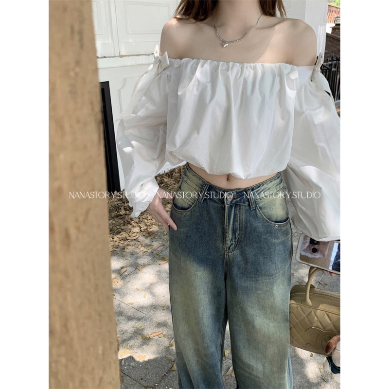Áo Trễ Vai Trắng Đính Nơ Xinh Nana Story