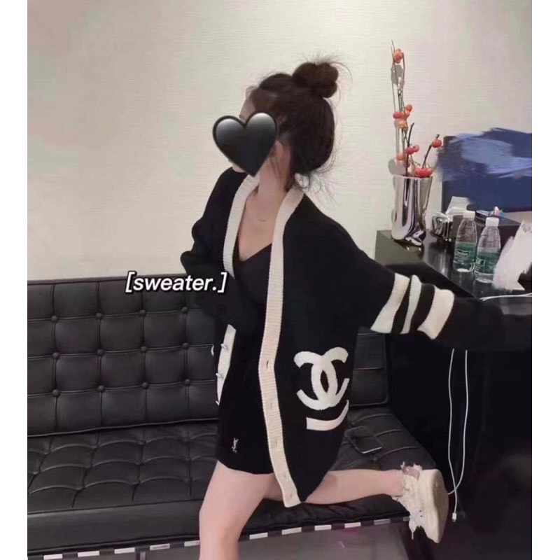 Áo Khoác Cardigan Len Che.nel Viền Tay Sọc 2 Màu Cao Cấp