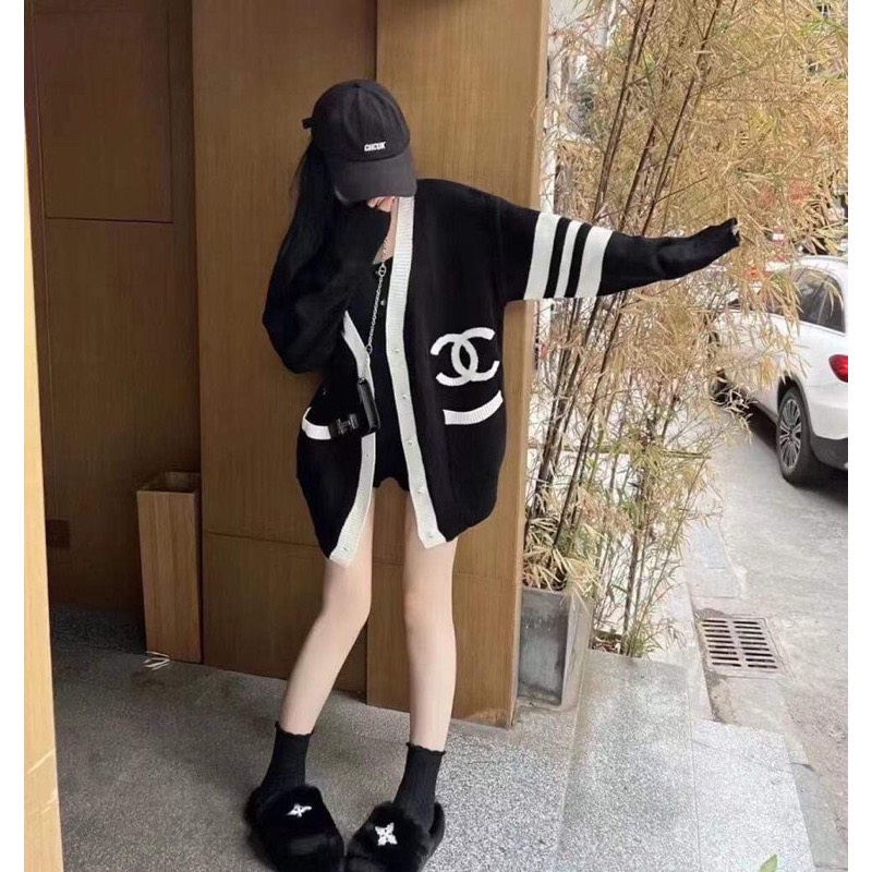 Áo Khoác Cardigan Len Che.nel Viền Tay Sọc 2 Màu Cao Cấp