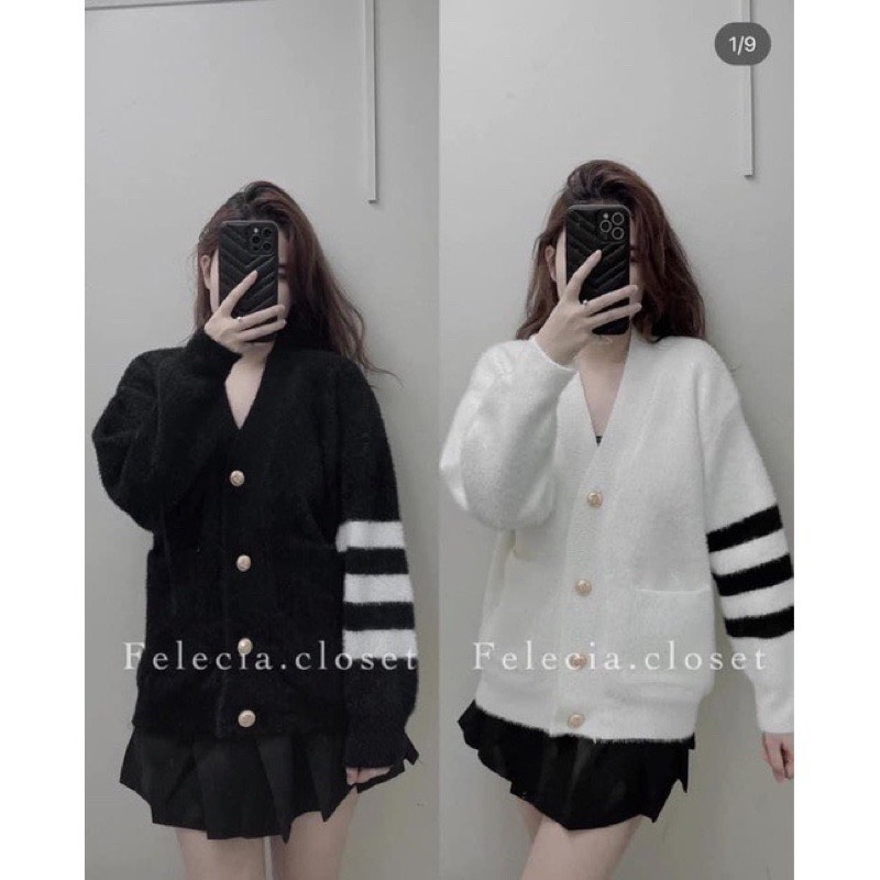 Áo Cardigan Lông Thom Mịn Kẻ Tay Form Rộng Unisex