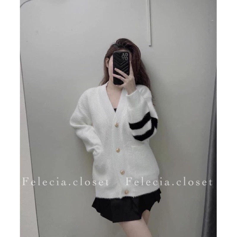 Áo Cardigan Lông Thom Mịn Kẻ Tay Form Rộng Unisex