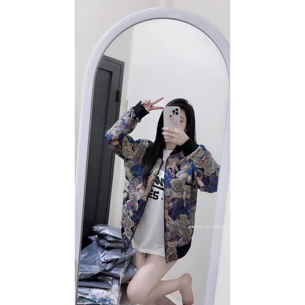Áo Khoác, Áo Bomber Gấu 2 Lớp In Hình Hoạ Tiết Cao Cấp