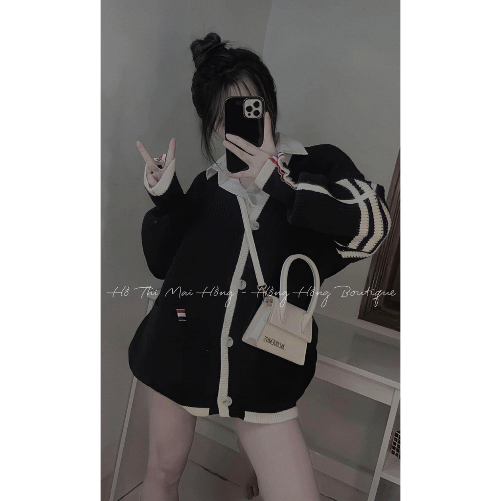 Áo Cardigan Len Thom Phối Tay Kẻ Form Rộng Unisex