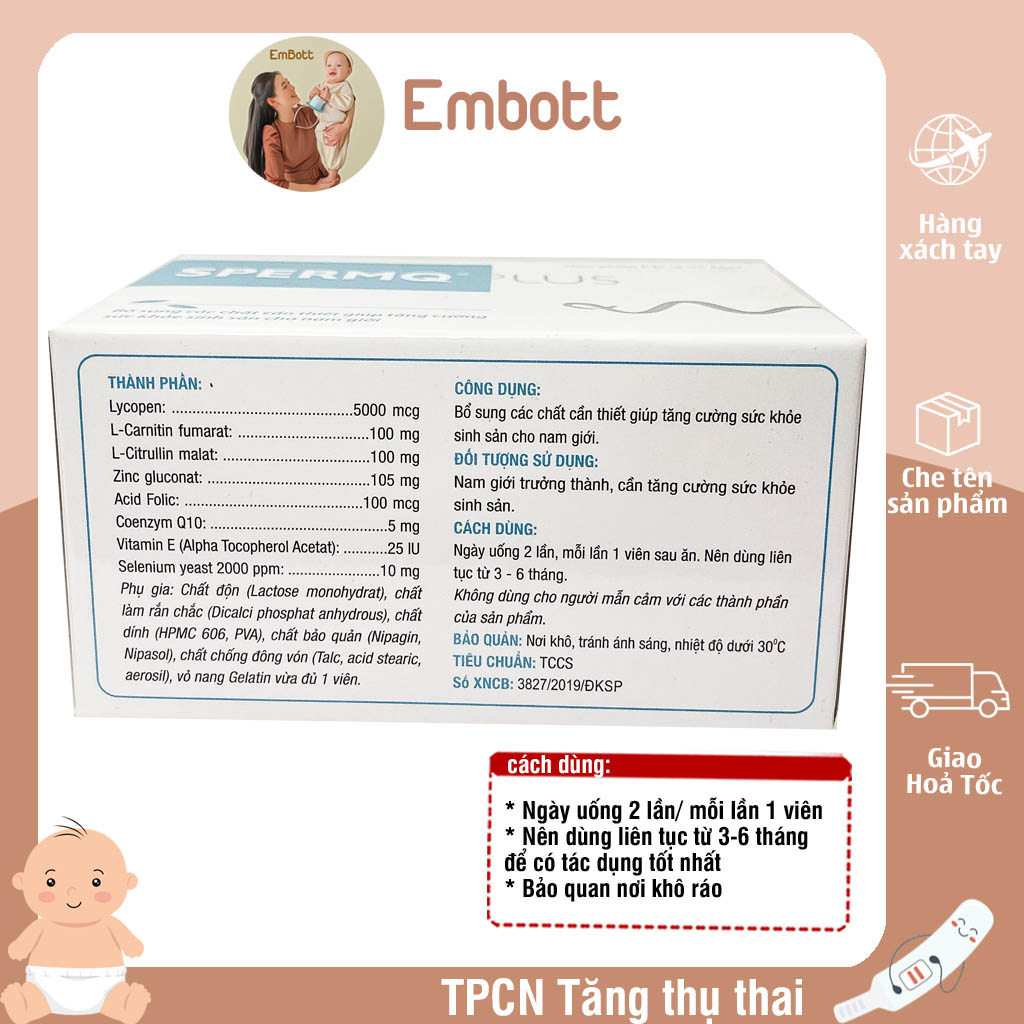 Spermq Plus Hộp 60 viên tăng khả năng thụ thai cho nam giới EMBOTT22