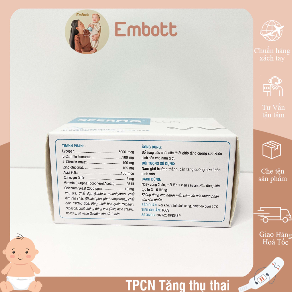 Spermq Plus Hộp 60 viên tăng khả năng thụ thai cho nam giới EMBOTT22