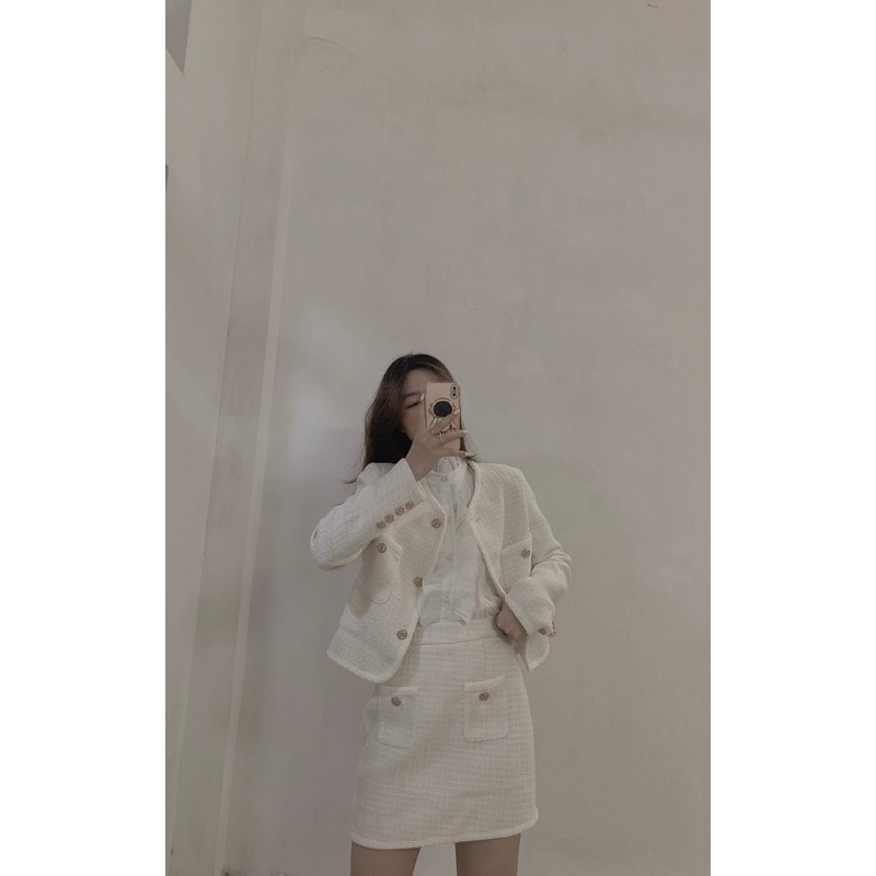 Set dạ tweed, áo dạ có đệm vai kèm chân váy chữ A hàng QC hai lớp sang chảnh LA CHIC