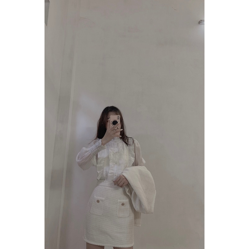 Set dạ tweed, áo dạ có đệm vai kèm chân váy chữ A hàng QC hai lớp sang chảnh LA CHIC