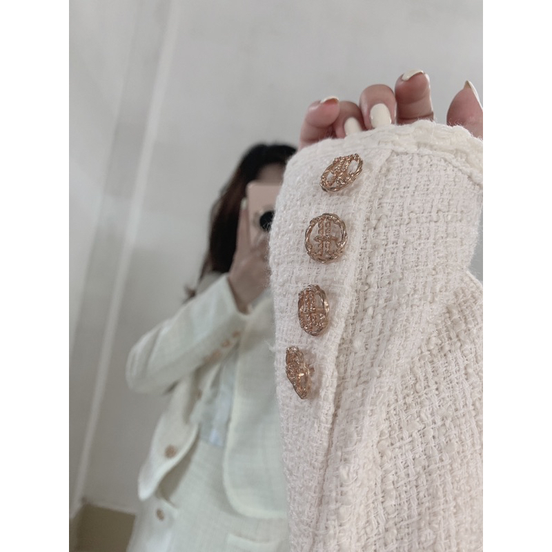 Set dạ tweed, áo dạ có đệm vai kèm chân váy chữ A hàng QC hai lớp sang chảnh LA CHIC