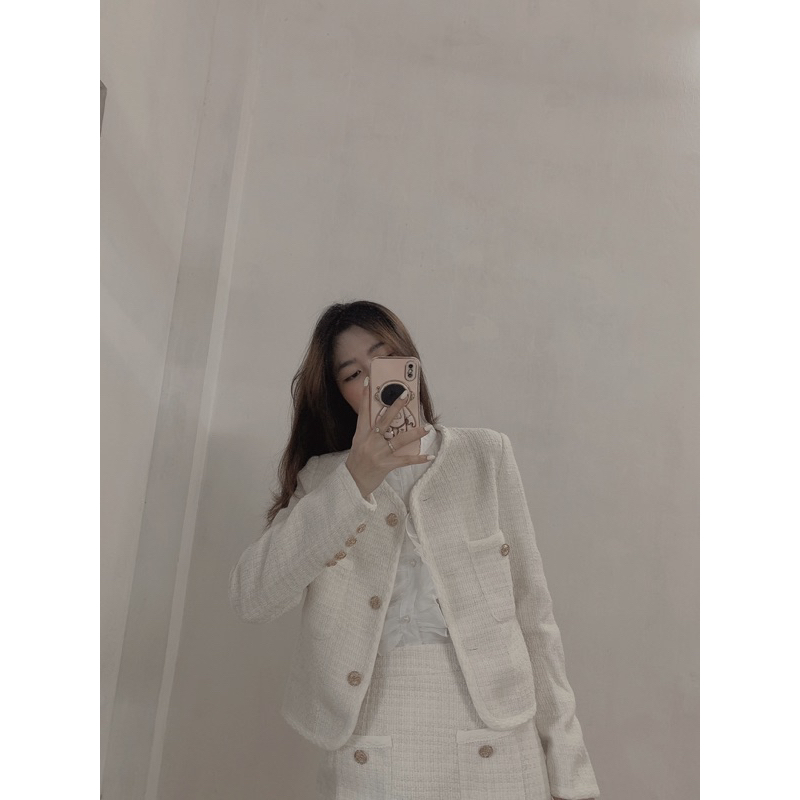 Set dạ tweed, áo dạ có đệm vai kèm chân váy chữ A hàng QC hai lớp sang chảnh LA CHIC