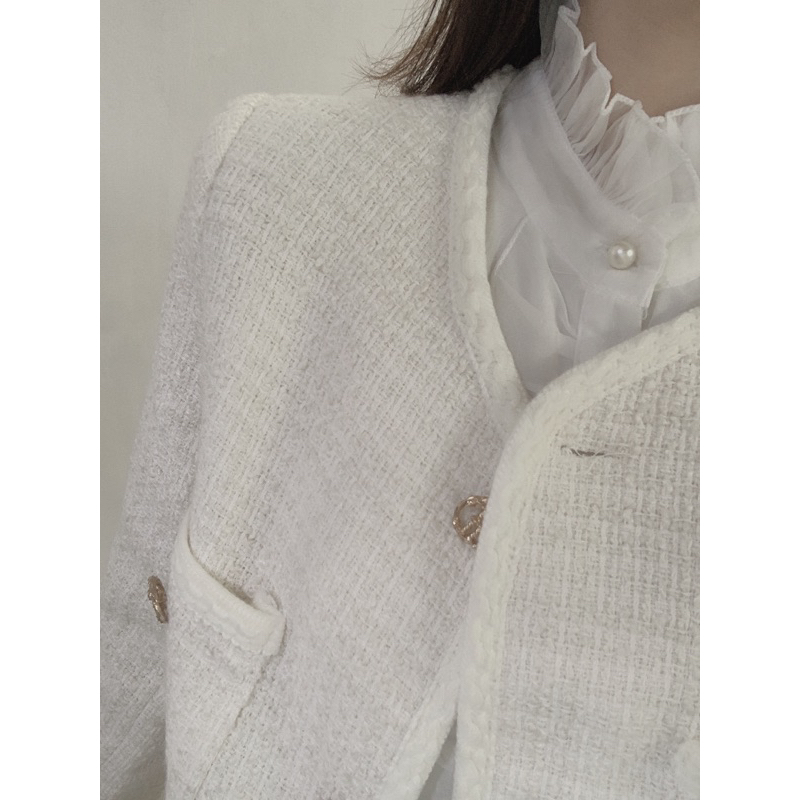 Set dạ tweed, áo dạ có đệm vai kèm chân váy chữ A hàng QC hai lớp sang chảnh LA CHIC