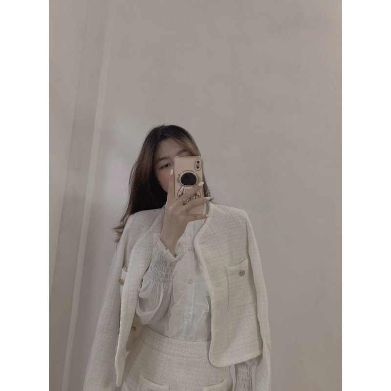 Set dạ tweed, áo dạ có đệm vai kèm chân váy chữ A hàng QC hai lớp sang chảnh LA CHIC