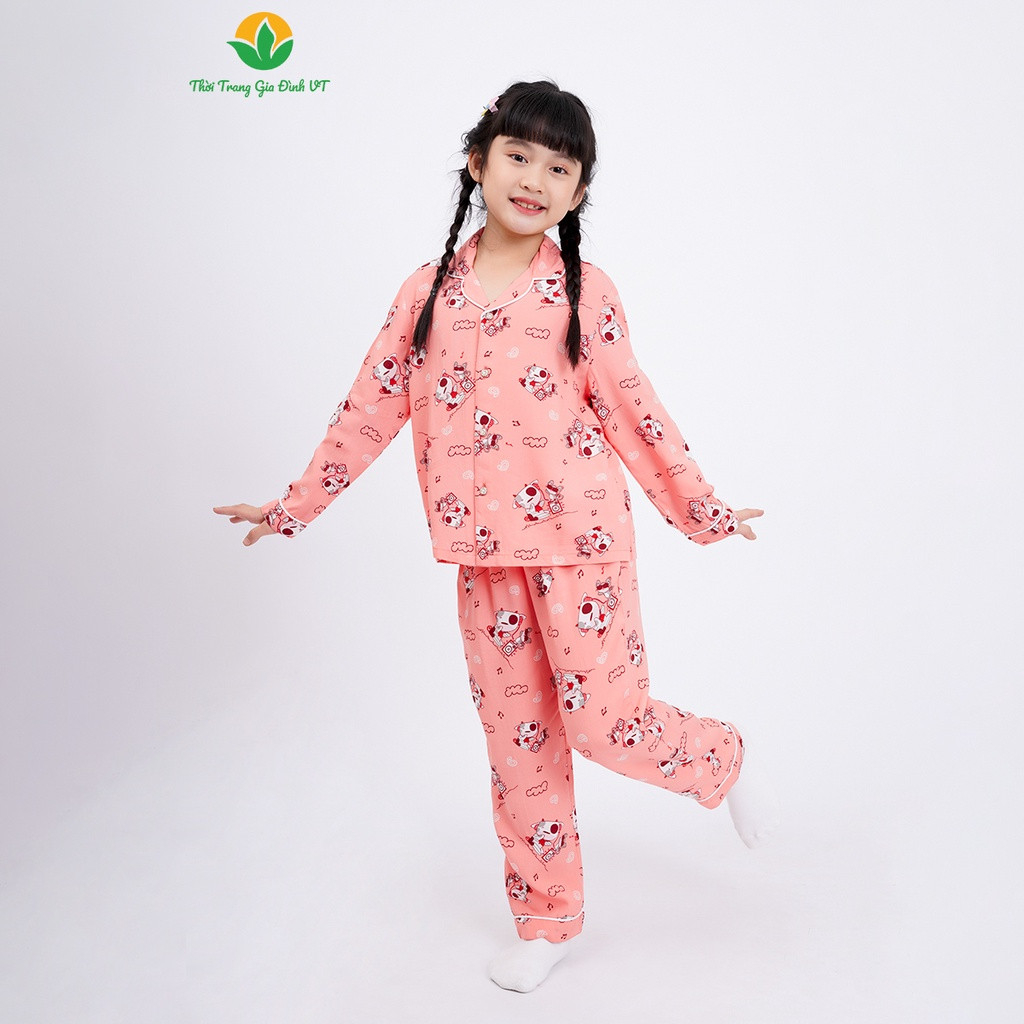Bộ Pijama lanh mặc nhà bé gái thời trang Việt Thắng, quần dài, áo dài tay - B70.2301
