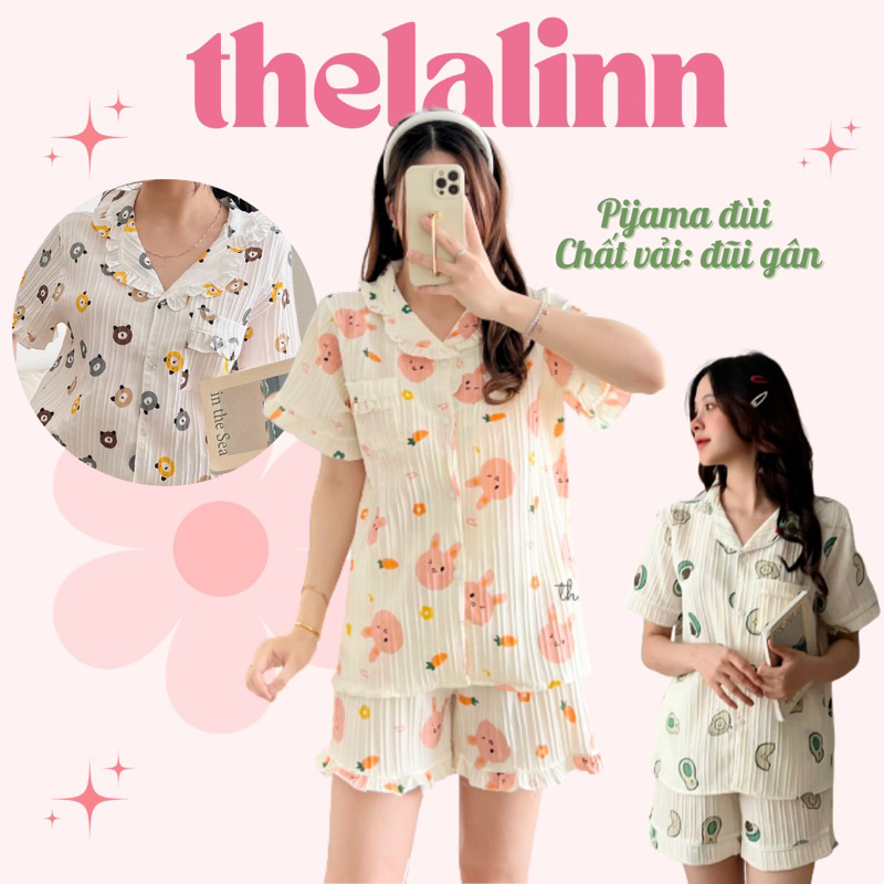 Pijama thun gân hoạ tiết dễ thương. Bộ ngủ nữ pyjama thun gân xinh xắn