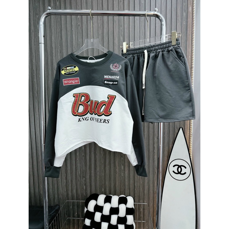 Set áo tay dài phối màu hoạ tiết kèm quần short