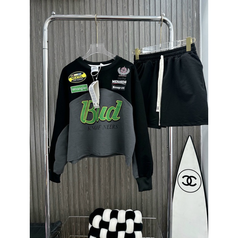 Set áo tay dài phối màu hoạ tiết kèm quần short