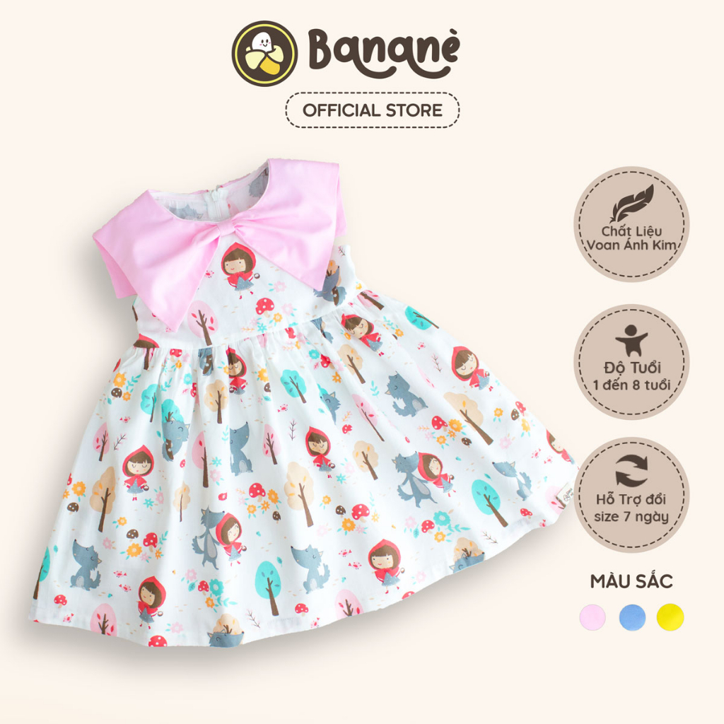 Đầm cho bé gái cổ sen hình nơ Bananè Kids váy sát nách phối họa tiết dễ thương - D10H